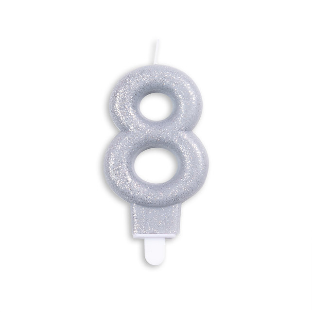 Cijfer kaars glitter zilver nr. 8
