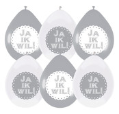 Huwelijk ballonnen "Ja ik Wil" 6 stuks zilver en wit