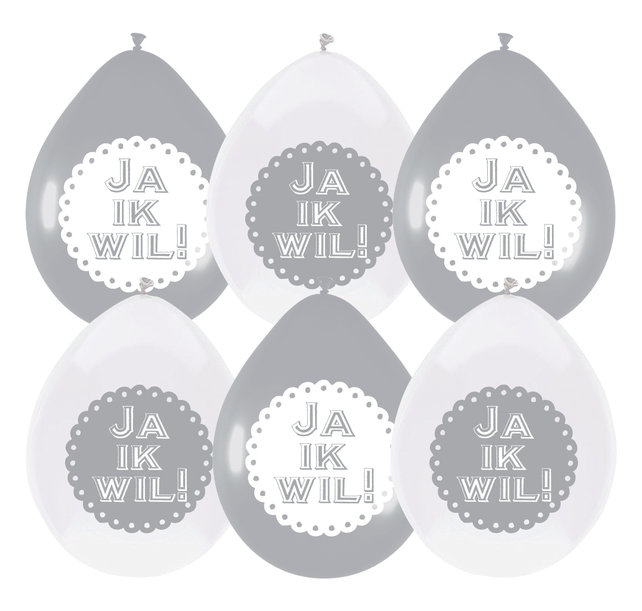 Huwelijk ballonnen "Ja ik Wil" 6 stuks zilver en wit
