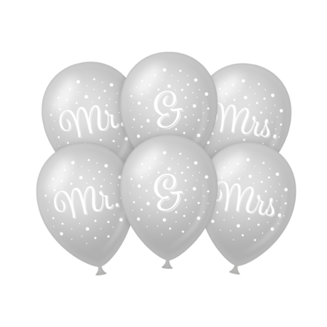 Mr. & Mrs. bruiloft ballonnen zilver 30cm 6 stuks