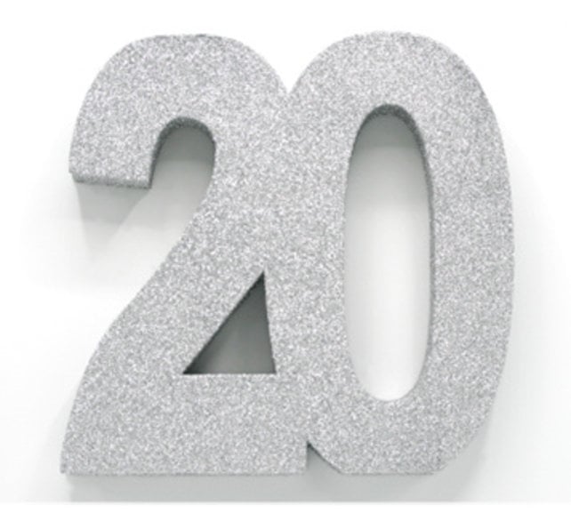 Tafeldecoratie glitter zilver cijfer 20
