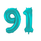 Folieballon 91 jaar metallic pastel aqua mat 86cm