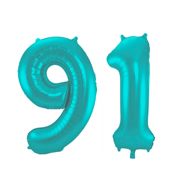 Folieballon 91 jaar metallic pastel aqua mat 86cm