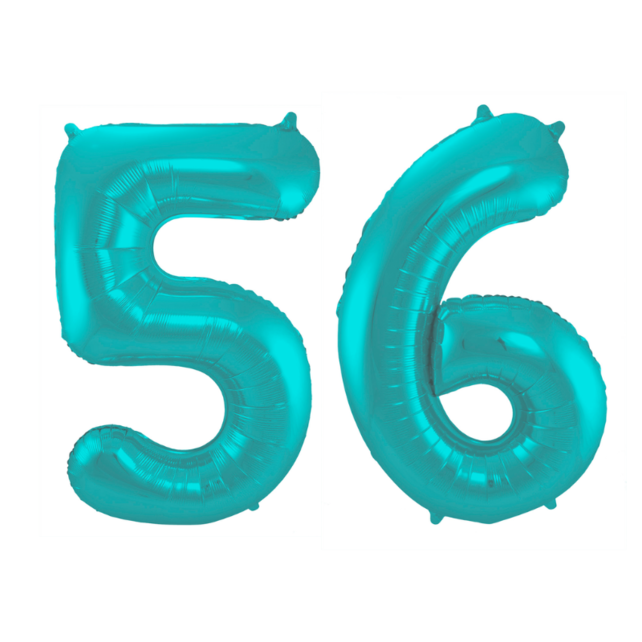 Folieballon 56 jaar metallic pastel aqua mat 86cm