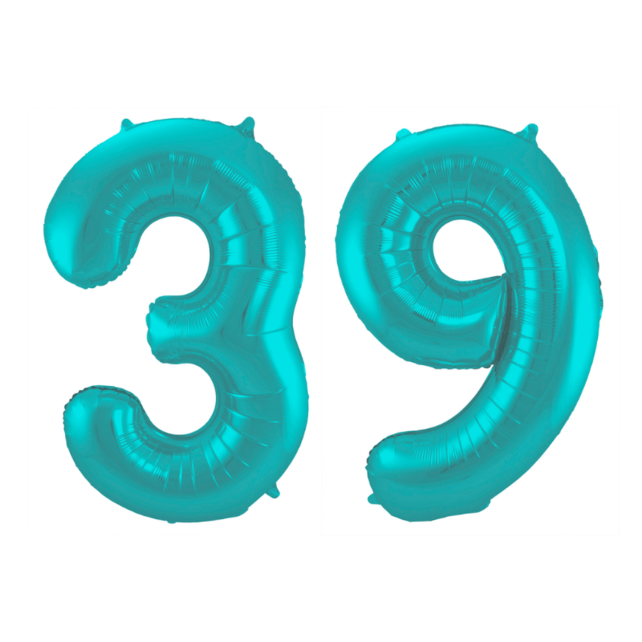 Folieballon 39 jaar metallic pastel aqua mat 86cm