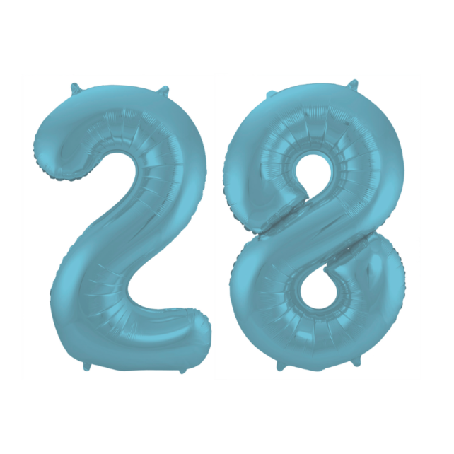Folieballon 28 jaar metallic pastel blauw mat 86cm