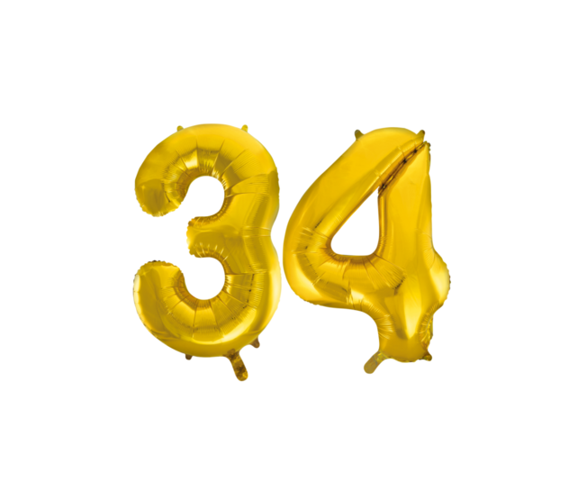 Folieballon 34 jaar Goud 66cm