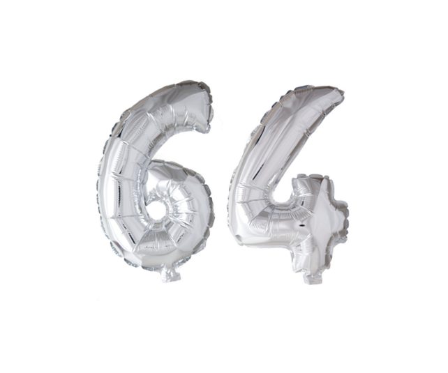 Folieballon 64 jaar Zilver 66cm