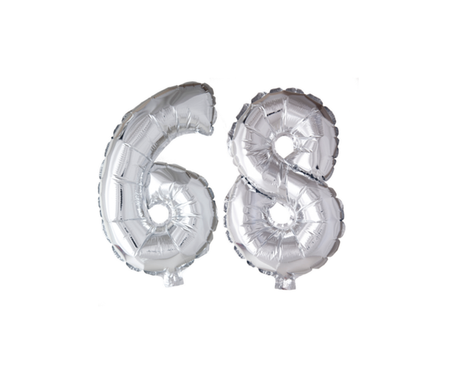 Folieballon 68 jaar Zilver 66cm