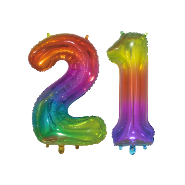 Folieballon 21 jaar Regenboog 76cm