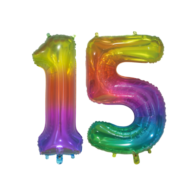 Folieballon 15 jaar Regenboog 76cm