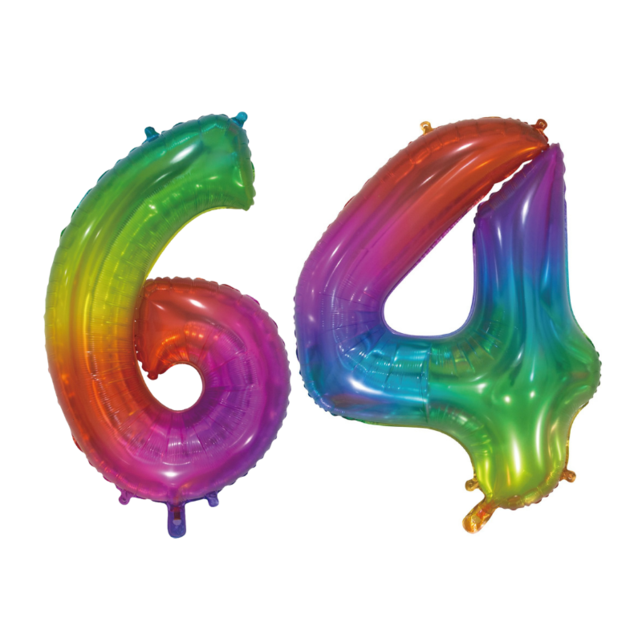 Folieballon 64 jaar Regenboog 76cm