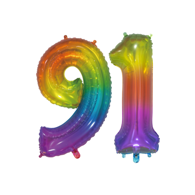 Folieballon 91 jaar Regenboog 76cm