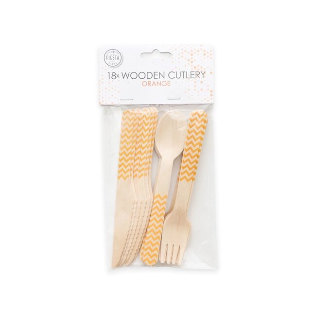 Houten bestek oranje 18-delig