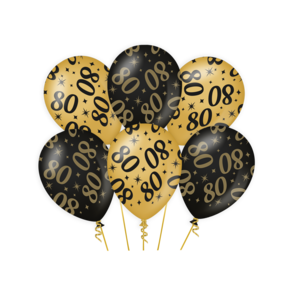 Ballonnen 80 jaar Goud Zwart 6 stuks 30cm