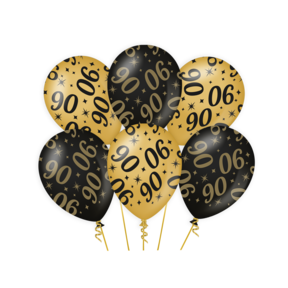 Ballonnen 90 jaar Goud Zwart 6 stuks 30cm
