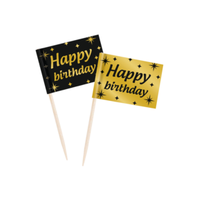 Cocktail prikkers Happy Birthday zwart - goud  - 50 stuks