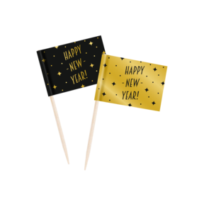 Cocktail prikkers Happy New Year zwart - goud - 50 stuks