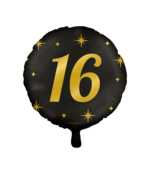 Folieballon 16 jaar - goud  zwart - 45cm