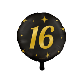 Folieballon 16 jaar - goud  zwart - 45cm