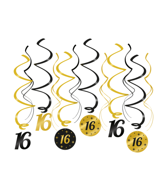 Swirl draaislinger 16 jaar goud zwart 12 stuks