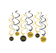 Swirl draaislinger Happy Birthday goud zwart 12 stuks