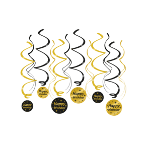 Swirl draaislinger Happy Birthday goud zwart 12 stuks