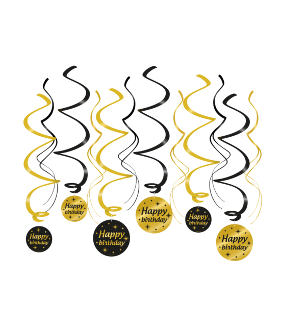 Swirl draaislinger Happy Birthday goud zwart 12 stuks