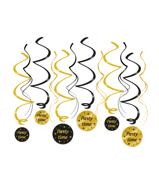 Swirl draaislinger Party Time goud zwart 12 stuks