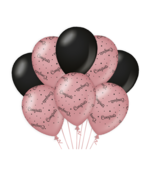 Congrats versiering/ decoratie ballonnen rose goud en zwart, 8 stuks 30cm