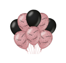 Congrats versiering/ decoratie ballonnen rose goud en zwart, 8 stuks 30cm