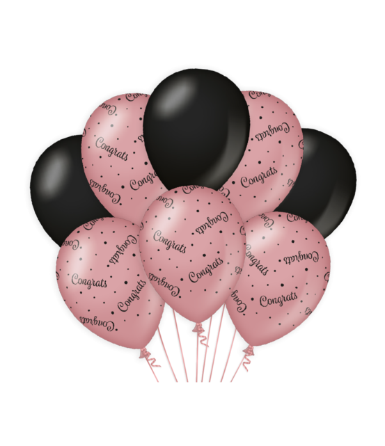 Congrats versiering/ decoratie ballonnen rose goud en zwart, 8 stuks 30cm