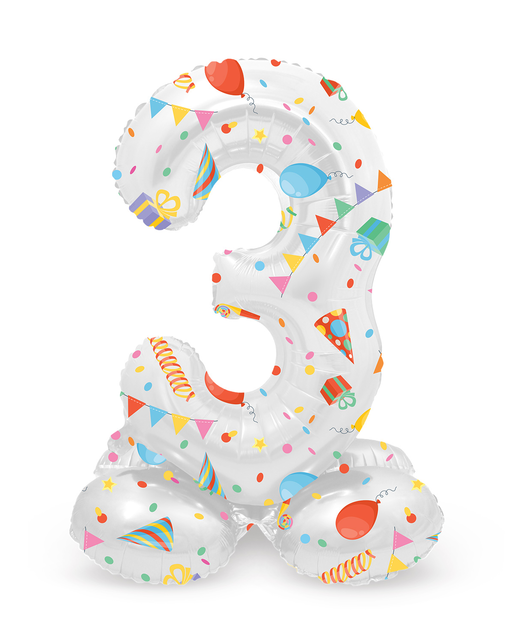 Staande Folieballon Cijfer 3 Joyful Party - 72 cm