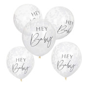 Confettiballonnen ‘Hey Baby’ Wit - 5 stuks - 30cm