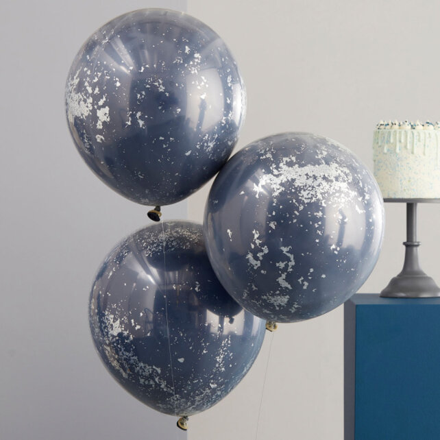 Confetti Ballonnen Dubbellaags blauw en zilver XL 45cm - 3 stuks