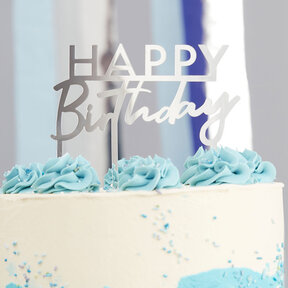 Caketopper Happy Birthday zilver 12x10cm