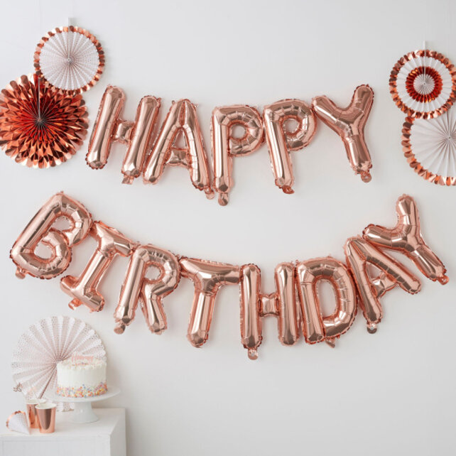 Happy Birhday folieballonnen Rosé Goud 340x34cm