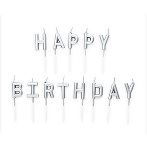 Kaarsjes Happy Birthday zilver