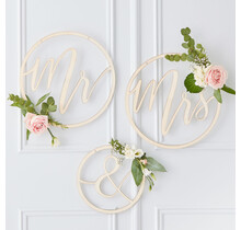 Houten decoratie ringen Mr & Mrs 3 stuks 25 cm