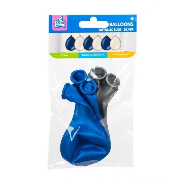 Metallic blauwe en zilveren ballonnen 6 stuks