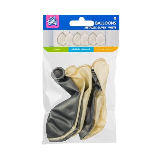 Metallic zilveren en witte ballonnen 6 stuks