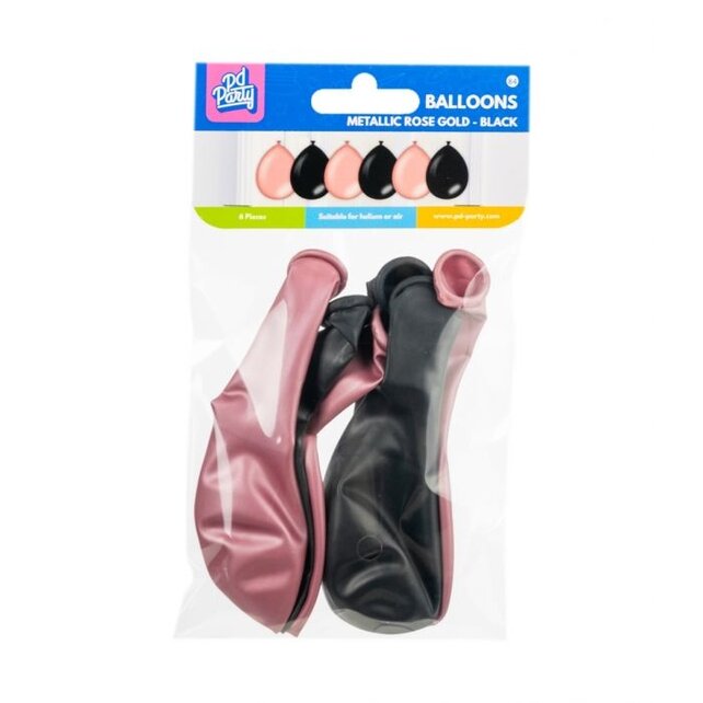 Metallic rose goud en zwarte ballonnen - 6 stuks