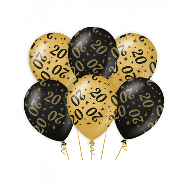 Ballonnen 20 jaar Goud Zwart 6 stuks 30cm