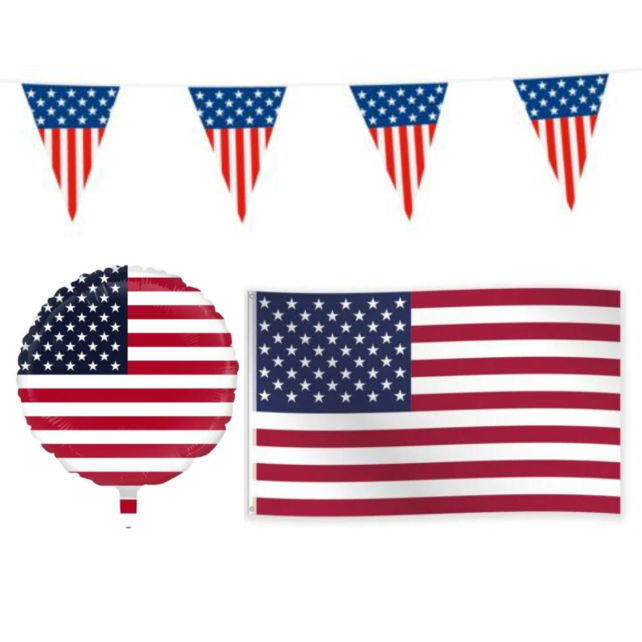Amerika feestpakket S – vlaggenlijn, gevelvlag & folieballon
