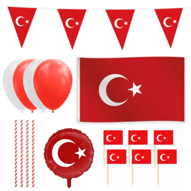 Turkije feestpakket XL – vlaggen, ballon, prikkers, ballonnen & rietjes