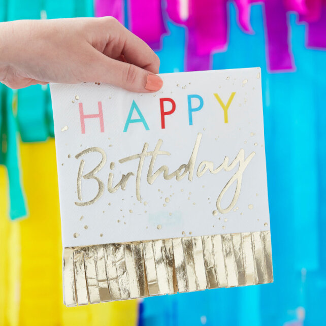 Happy Birthday servetten met gouden franje Mix It Up Brights collectie 16 stuks