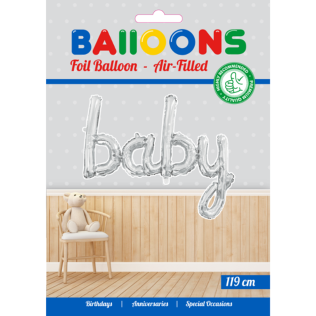 Folieballon BABY - 1 woord - Zilver - 119cm Folieballon BABY - 1 woord - Zilver - 119cm