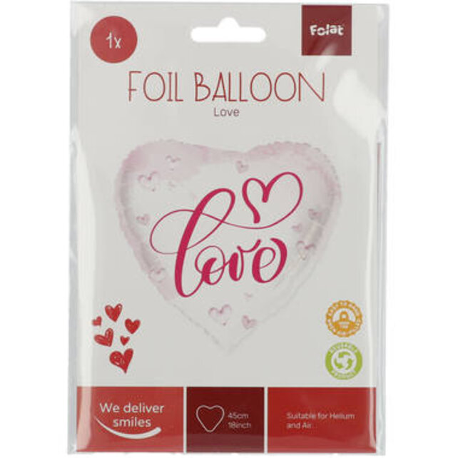 Folieballon hart love - Wit met Roze - 45cm