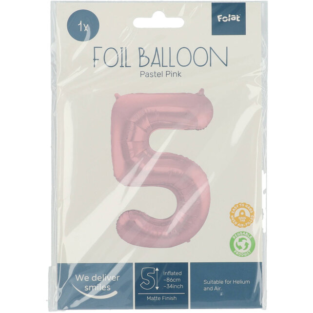 Folieballon Cijfer 5 Pastel Roze Metallic Mat - 86 cm