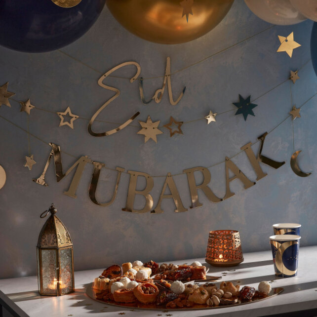 Eid Mubarak letterslinger met maan en sterren 3 x 150cm